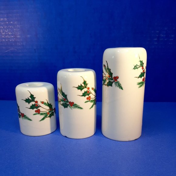 CHRISTMAS Taper Candle Holder Set 3 Centerpiece Fireplace Hearth Holly Berries - Picture 2 of 15